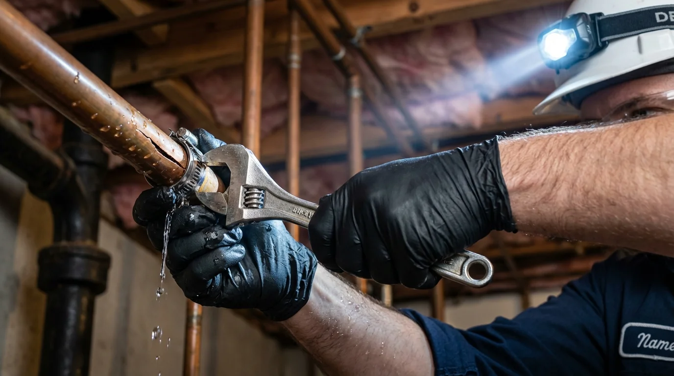Emergency pipe clamp repair being performed by a Johns Plumbing LLC plumber in Combes