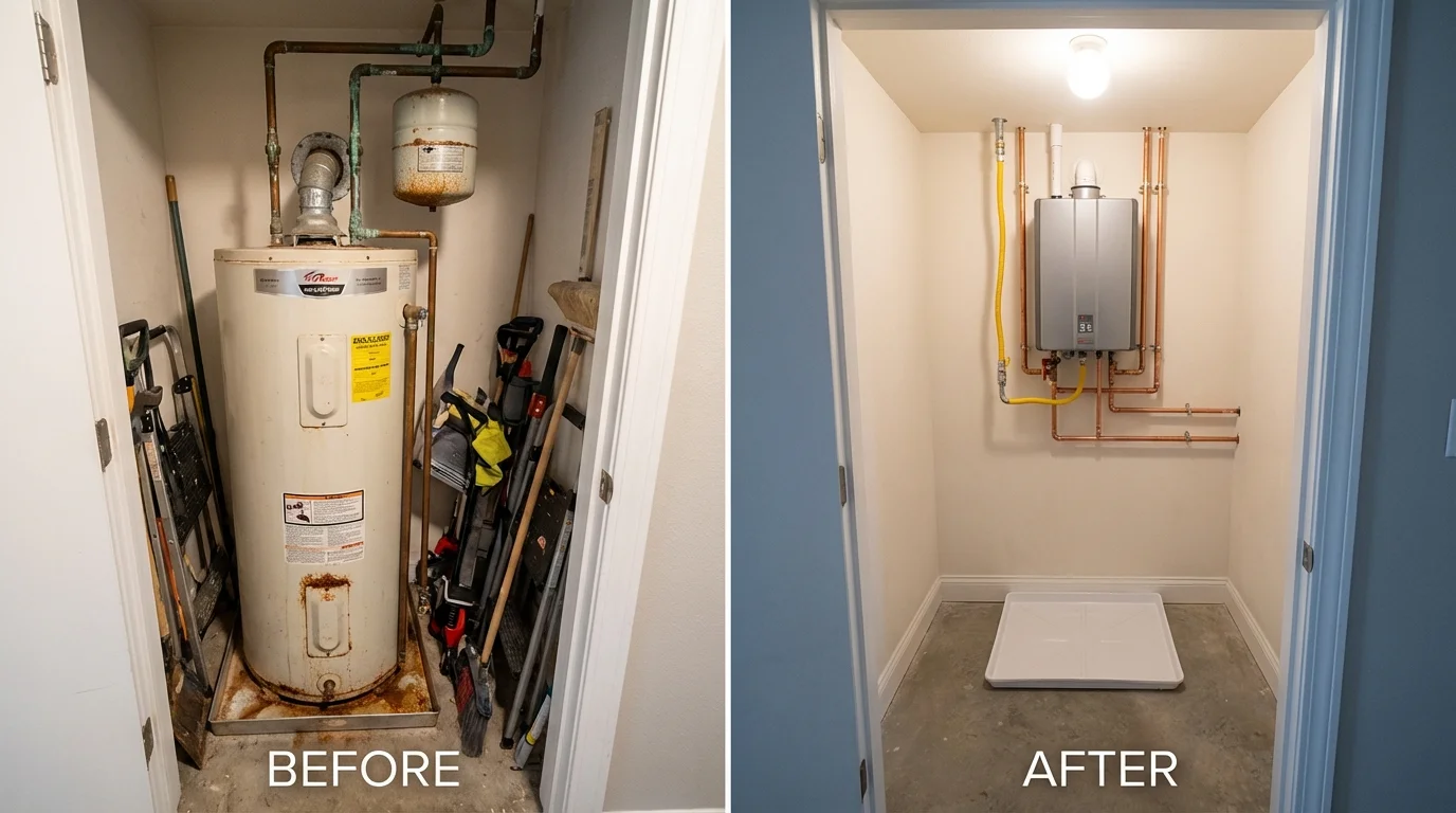 Tank water heater versus wall-mounted tankless unit comparison for Combes, TX homeowners