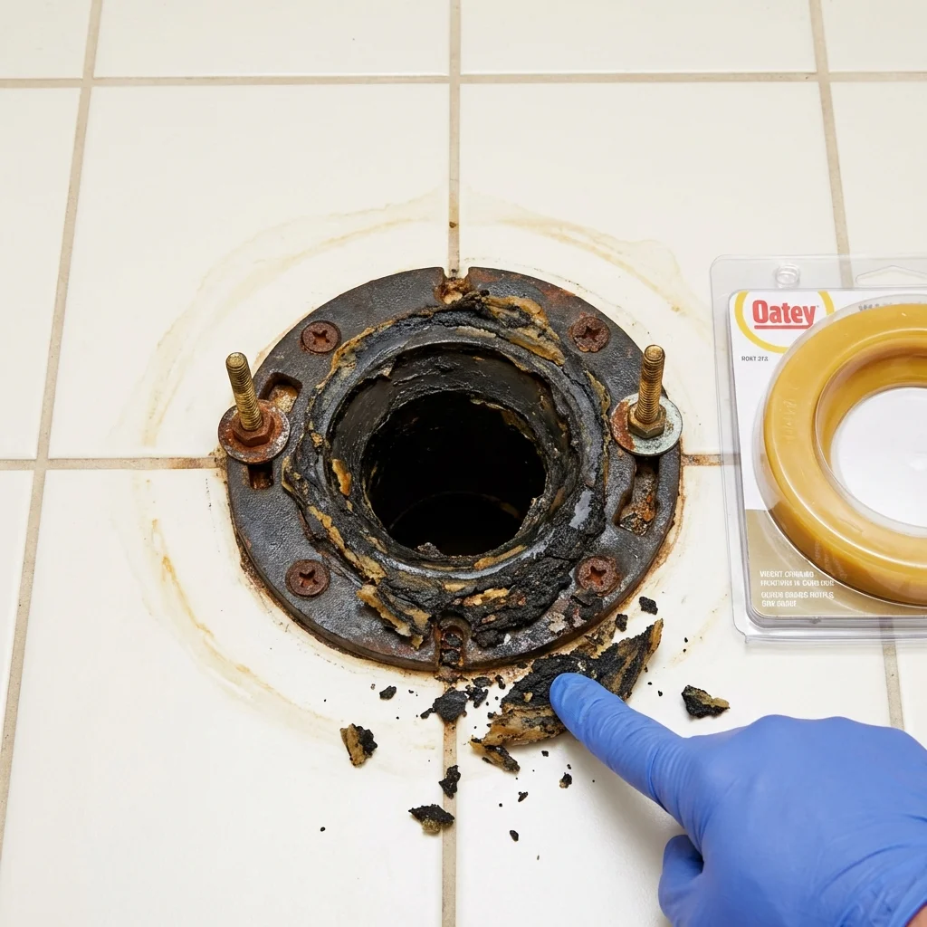Failed wax ring showing water seepage at the base of a toilet in a Combes, TX home