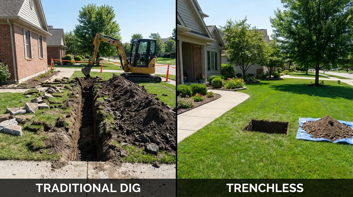 Trenchless sewer repair with minimal yard damage versus traditional excavation in Combes, TX